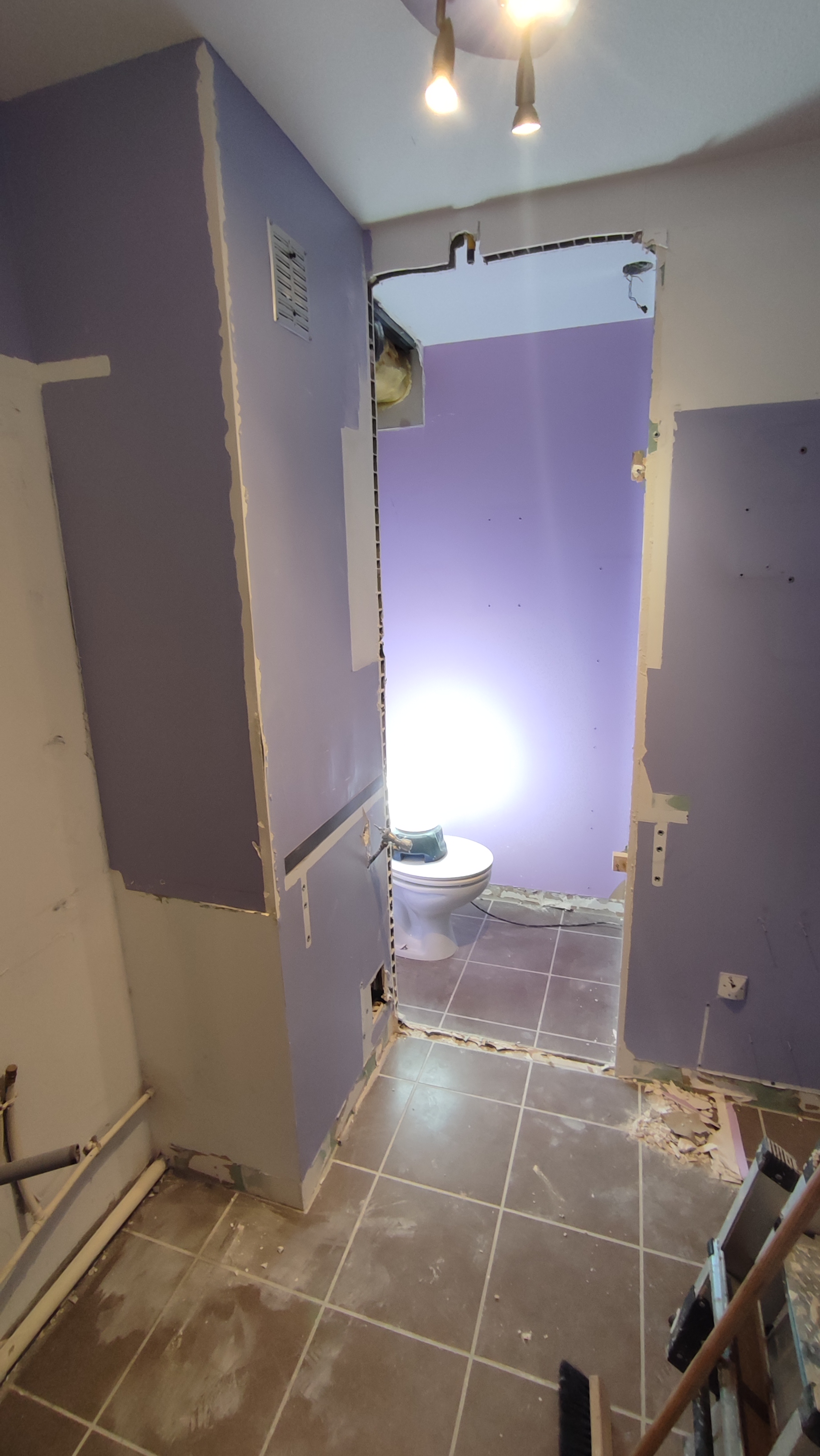 Pendant les travaux — ouverture entre la salle de bain et les toilettes voisines.